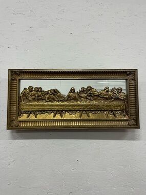 Vintage "Last Supper" Mirror w/ Gold Plastic Frame Wall Hanging, 21.5”